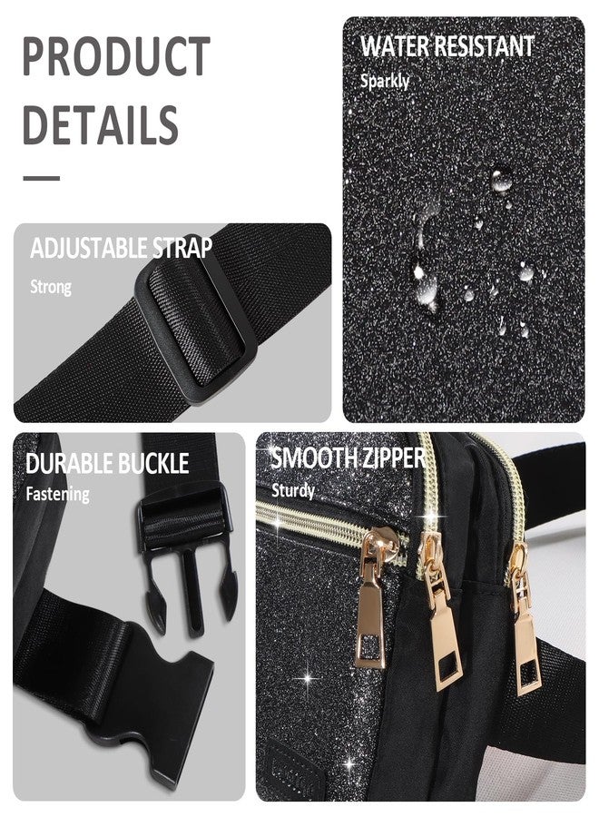 BAOGCOYO Fanny Packs for Women Men Mini Fashion Glitter Waist Packs with Adjustable Strap and 3 Zipper Pockets Everywhere Crossbody Belt Bag for Outdoors Running Travelling (Black Bling Sparkle) - Image 4